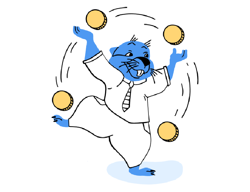 Ilustração criativa de um pequeno castor engravatado azul fazendo malabares com quatro moedas de ouro